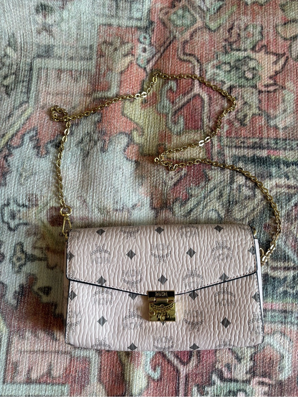 MCM Pink Visetos Leather Crossbody Bag with Gold Chain **inauthentic**